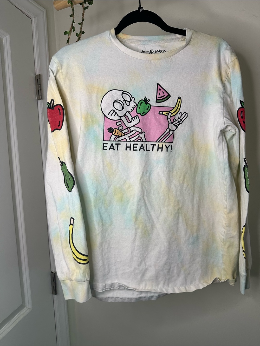 Men’s S | Cool Shirtz Eat Healthy Skeleton 100% Cotton Tie Dye Long Sleeve Tee